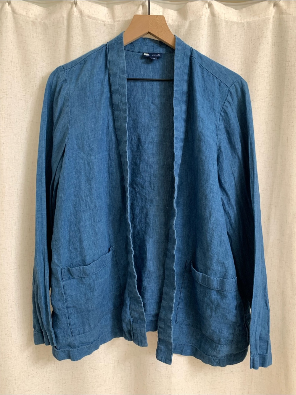Pure Jill 100% Linen Open-Front Blue Denim Pockets Cardigan Medium